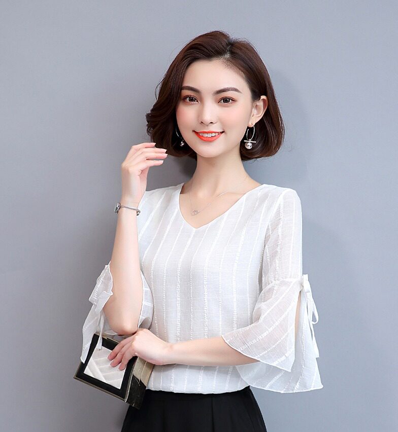 6611#实拍夏季显瘦七分袖女装上衣喇叭袖雪纺衫