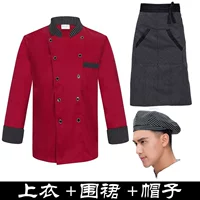 Красный лонгслив, фартук, шапка