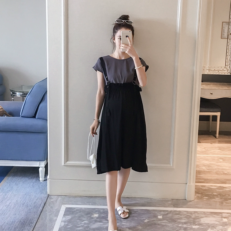 Thời trang bà bầu cỡ lớn Váy ngắn tay phiên bản Hàn Quốc phần dài giả hai mảnh 2020 mới mang bầu mùa hè cho bà bầu - Áo thai sản