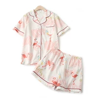 Pajama phù hợp với nữ mùa hè cotton dứa flamingo ve áo ngắn tay satin mặc giản dị Hàn Quốc phiên bản của bông dịch vụ nhà đồ bay