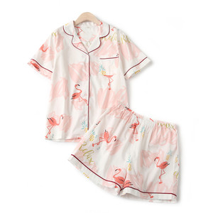 Pajama phù hợp với nữ mùa hè cotton dứa flamingo ve áo ngắn tay satin mặc giản dị Hàn Quốc phiên bản của bông dịch vụ nhà bộ đồ ngủ 2 dây