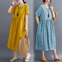 Цветное асимметричное платье с коротким рукавом, длинная юбка, из хлопка и льна, большой размер, А-силуэт