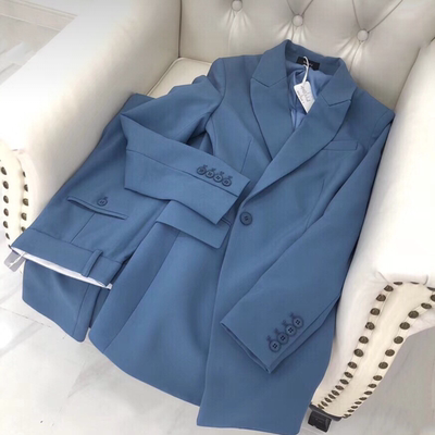 2018 mùa thu mới chất lượng cao màu xanh eo nhỏ phù hợp với nữ giản dị Hàn Quốc phiên bản của quần thẳng hai mảnh phù hợp với