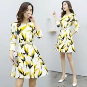 Xuân 2019 mới của phụ nữ Hàn Quốc crop top tay áo dài in họa tiết thời trang Slim A váy chữ - A-Line Váy