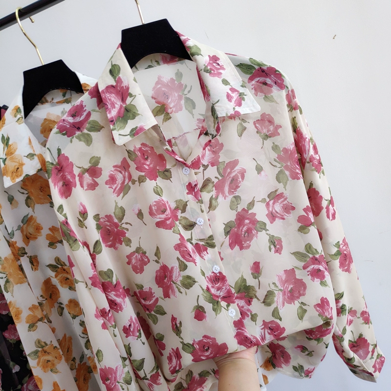 Hồng Kông phong cách retro giản dị dài tay áo sơ mi hoa phụ nữ mùa hè tính khí mặc bên ngoài áo sơ mi mỏng áo khoác áo sơ mi voan - Áo sơ mi