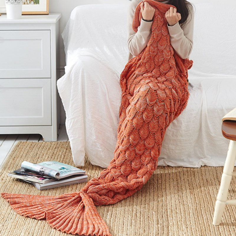 New Stereo Fish Scale - Warm OrangeIt's in my ear new pattern INS mermaid Tail hair blanket Fish tail Air conditioning blanket Sofa blanket knitting Leisure blanket Nap blanket