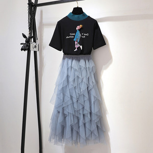 超仙的连衣裙女神慵懒风T恤网纱裙两件套
