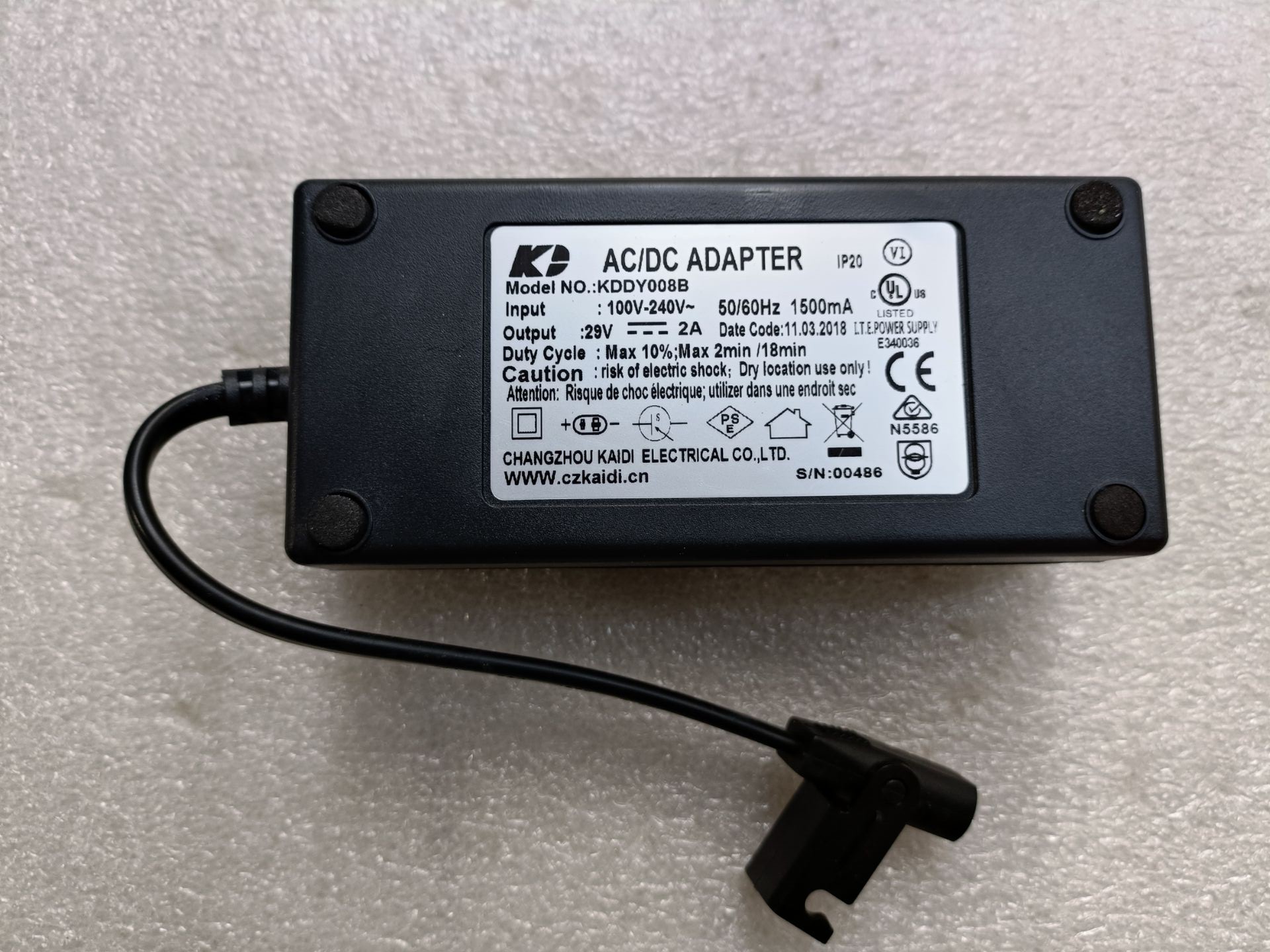 Genuine OEM KAIDI KDDY008B AC/DC Adapter 29V 2A Power Supply