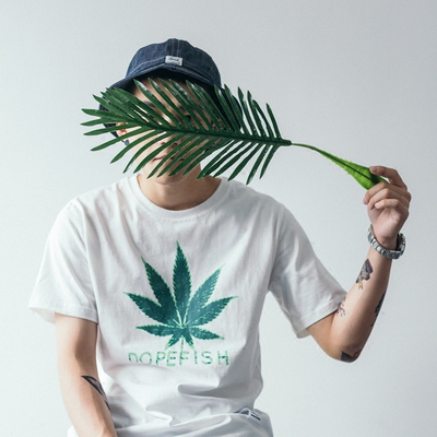 bdct 日系复古小清新麻叶印花t恤男 欧美圆领休闲潮流情侣短袖tee