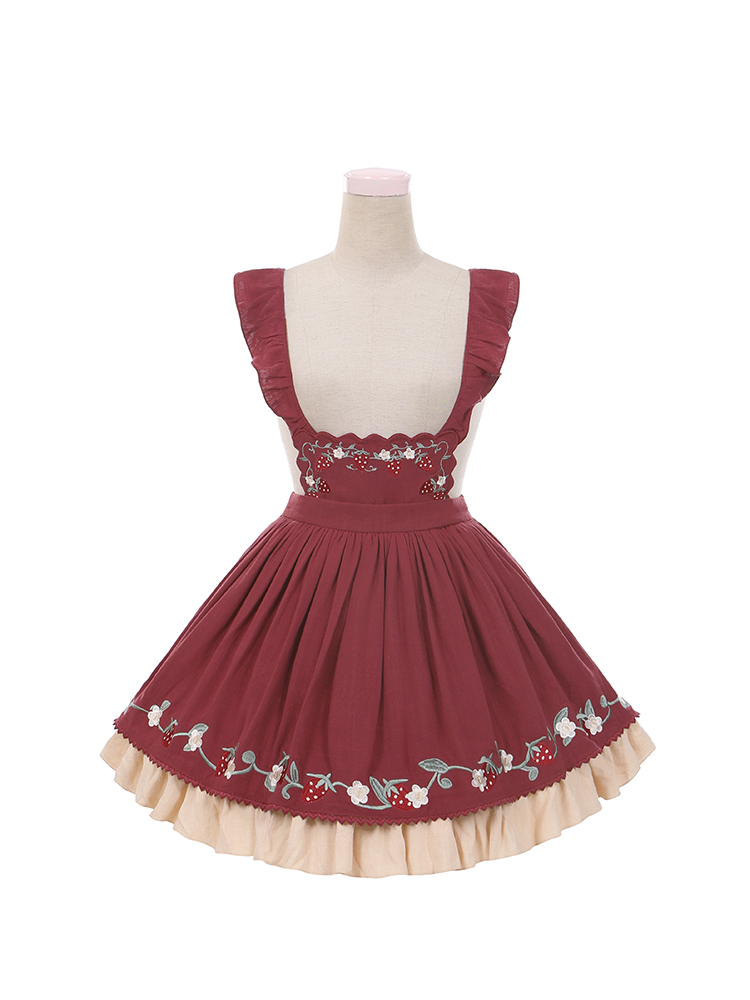 Wine Red Skirt - 189 Yuan【 To Alice 】 C6133 original strawberry jam Versatile Embroidery Sweet shirt + Half skirt 【 Deposit 】