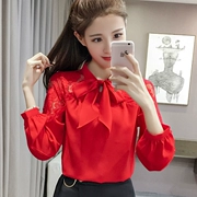Áo sơ mi voan nơ mới 2018 phiên bản Hàn Quốc mới của áo sơ mi size lớn Đầm ren tay dài chạm đáy