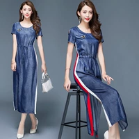 Tencel denim váy nữ 2018 mới của Hàn Quốc phiên bản của phần mỏng phù hợp với màu sắc gió lạnh không thường xuyên khe hở slim dress váy hoa dài