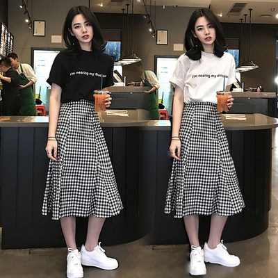 格子鱼尾裙套装女夏季2018新款韩版短袖