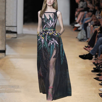 香妮卡欧美女装走秀大牌气质吊带无袖网纱重工绣花礼服长裙连衣裙