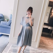 Thai sản mặc 2018 mùa hè ăn mặc mới vuông cổ áo điểm sóng sau khi băng thông lỏng thời trang tươi phụ nữ mang thai dài ăn mặc