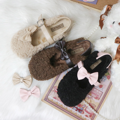 taobao agent 森拉 Winter fleece cute footwear with bow, loose fit, soft sole, Lolita style