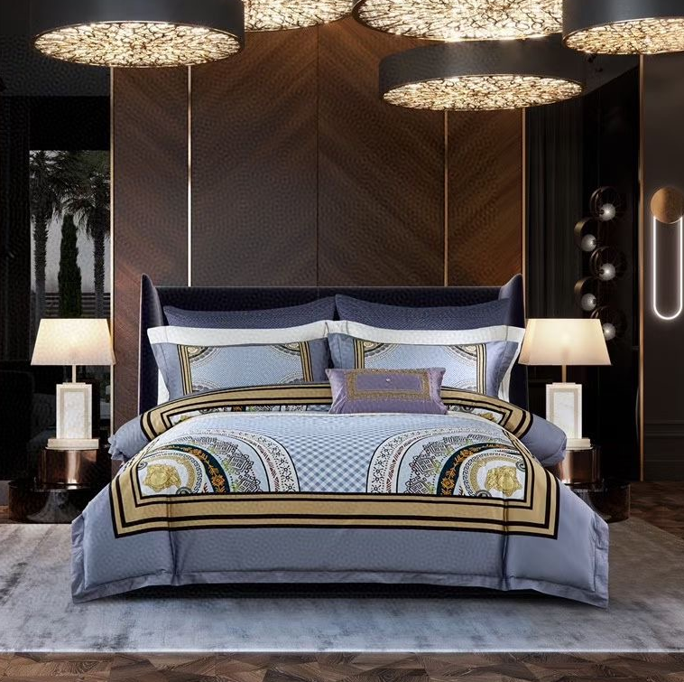 Medusa & Indigo & 4-Piece Bedding SetNorthern Europe Light luxury new pattern bedding article Four piece suit Spring and summer 100 branch pure cotton printing Quilt cover satin-like cotton fabric bedding Bed cover