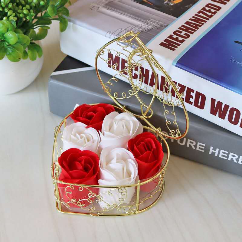 6 Iron Bars, Red And White6 Blossoms Iron fence rose simulation rose Soap flower soap Gift box Section 38 originality gift Wedding supplies  Opening