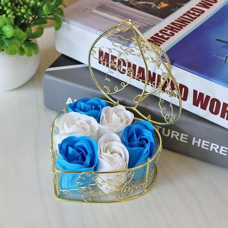 6 Iron Bars, Blue And White6 Blossoms Iron fence rose simulation rose Soap flower soap Gift box Section 38 originality gift Wedding supplies  Opening