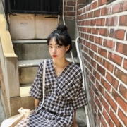 YUKI Xiaoshu nhà phong cách Hàn Quốc đầy đủ V-Cổ kẻ sọc cao eo váy dài váy 18 mùa hè mới q0671