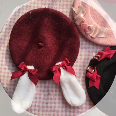 taobao agent Original homemade lolita element rabbit ear hair woolen beret soft girl versatile autumn and winter hat
