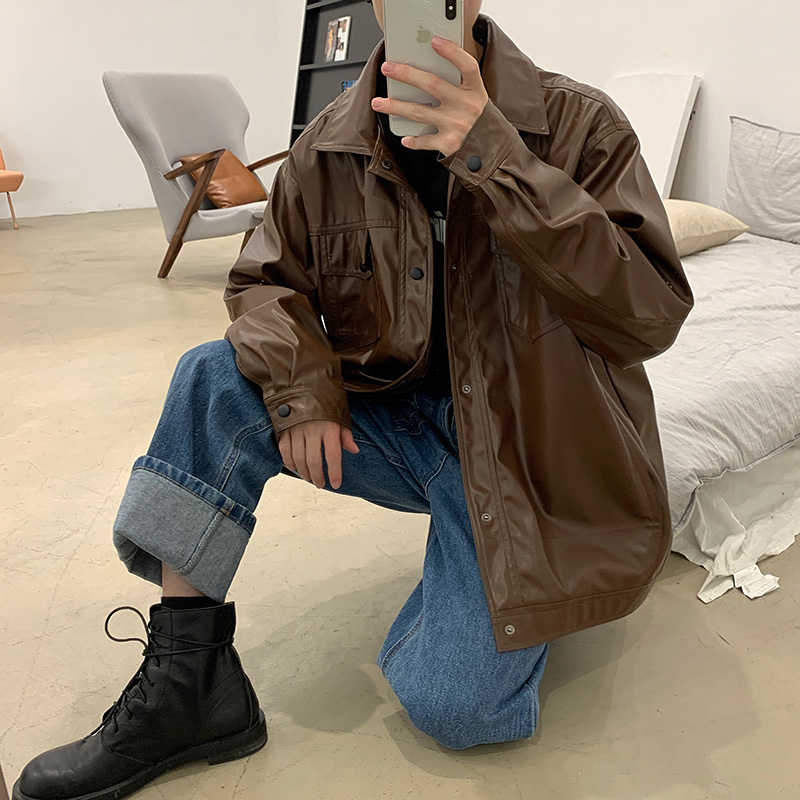 Coffee@ Fangshao Menswear Port style spring Ruffian handsome jacket male Solid color easy trend Single breasted locomotive Korean version leather jacket