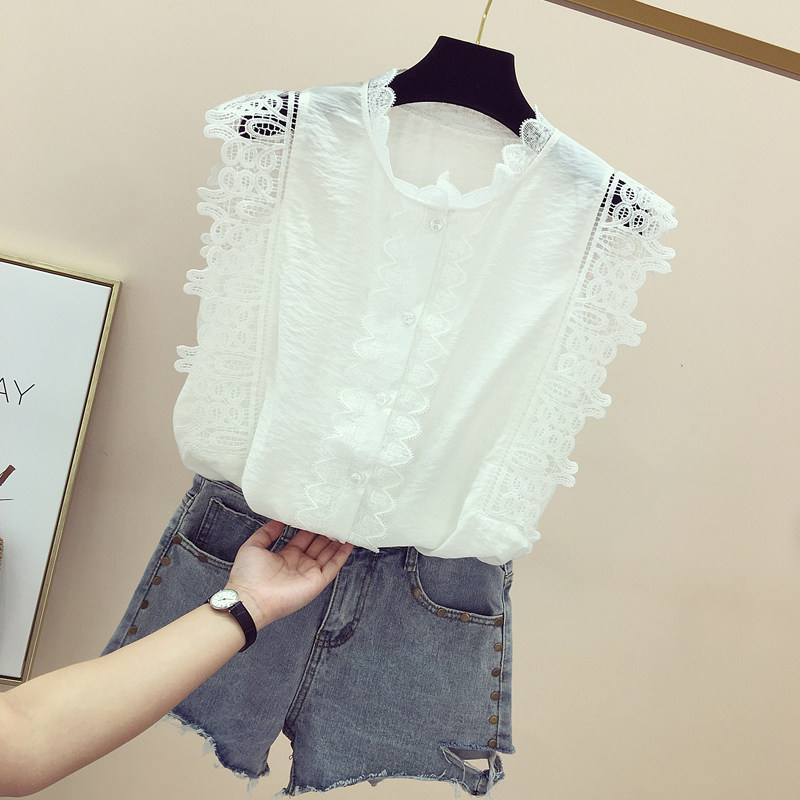 Áo sơ mi chiffon phụ nữ áo sơ mi 2018 mùa hè mới mỏng hoang dã crochet hoa rỗng ngắn ren bên tay áo sơ mi