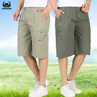 Quần lửng cotton nam trung niên và cotton được giặt để tăng chất béo quần đi biển nhiều túi rộng quần rộng quần giữ nhiệt nam