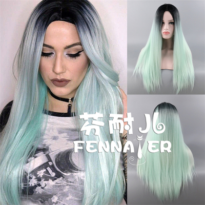 taobao agent Fenneer European and American ladies Fashionable black gradient green mixed green mixed color in the middle of long straight hair high temperature fake discovery