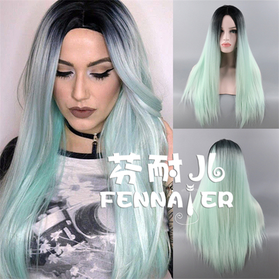 taobao agent Fashionable black mint straight hair, wig, gradient