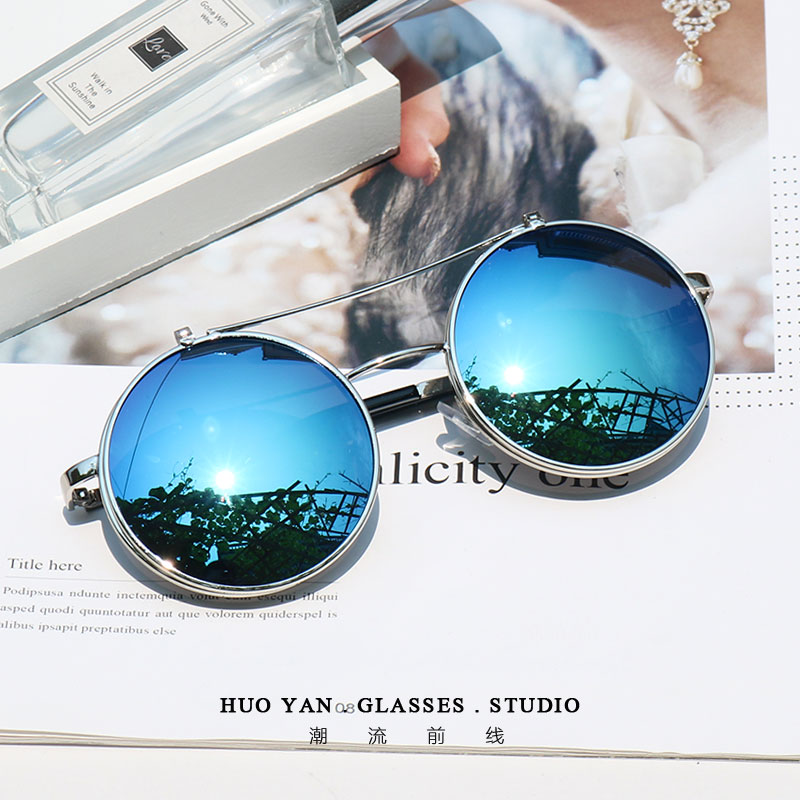 Silver Framed Blue MercuryG-Dragon Same double-deck Flap Sunglasses Dual purpose Upturning Sunglasses Retro Large frame circular glasses Can match myopia