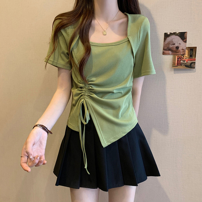 taobao agent Green summer T-shirt, top, plus size, square neckline, drawstring, with short sleeve, fitted