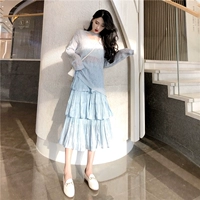 Mùa thu của phụ nữ Hàn Quốc thời trang retro eo cao rắn màu váy + openwork đan top hai bộ thủy triều chân váy xếp ly trắng
