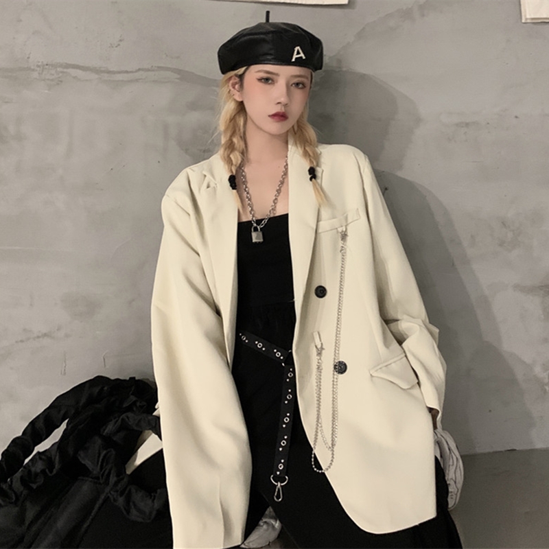 Off whiteBlazer female spring and autumn 2021 new pattern Korean version ins Port style Medium and long term man 's suit easy leisure time jacket loose coat tide