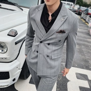 Bộ đồ đôi sọc ngực phù hợp với nam kinh doanh phiên bản Hàn Quốc giản dị của người Anh tự mặc áo gió chú rể mặc váy cưới thủy triều - Suit phù hợp