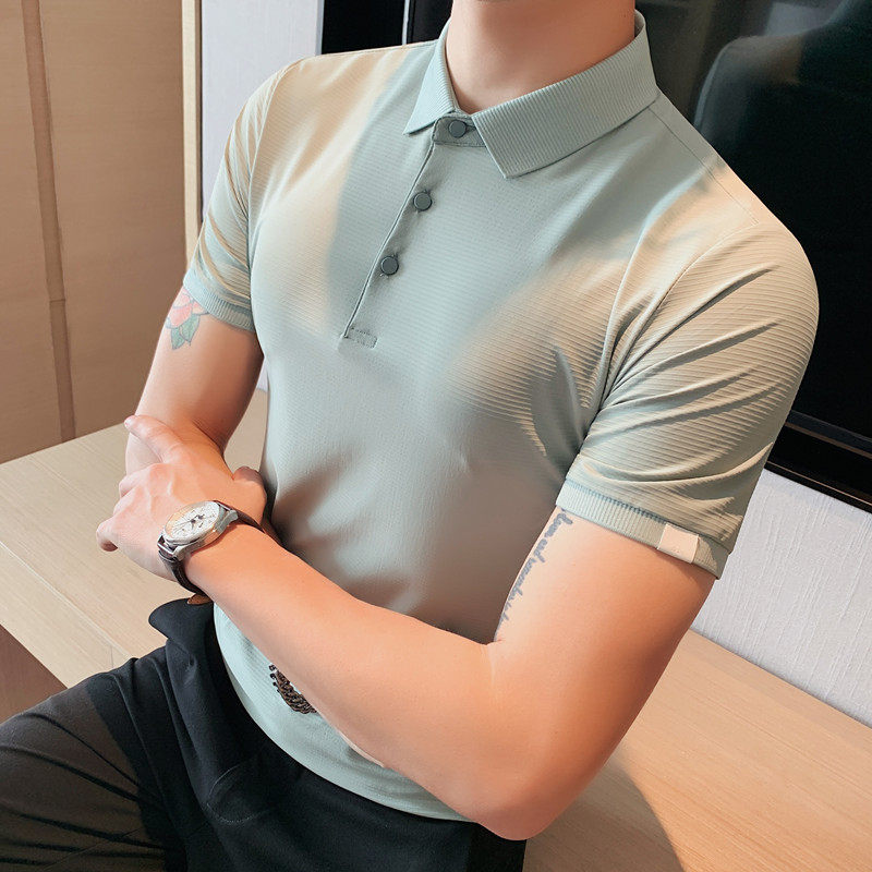 Summer thin ice silk smooth fabric elastic waffle shirt collar polo shirt men's short-sleeved fitted casual T-shirt men's trend