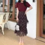 Retro Hàn Quốc phiên bản của chic gió giản dị hoang dã ngắn tay T-Shirt top + hoa bánh váy váy hai mảnh nữ mùa hè chân váy sọc caro