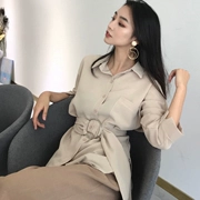 Đầu mùa xuân Hàn Quốc phiên bản của sang trọng dài ve áo dài tay áo sơ mi vành đai thắt lưng là mỏng khóa cardigan áo sơ mi nữ