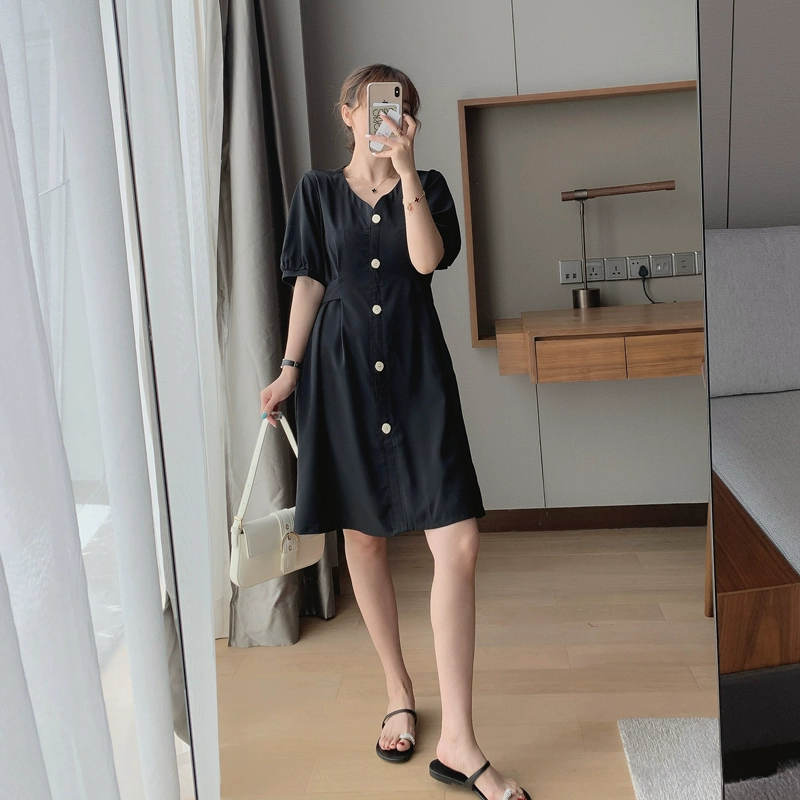 KKzhu Zhu em gái váy váy mùa hè eo eo của phụ nữ là mỏng cổ chữ V khí chất tay áo phồng váy dài màu đen - Váy dài