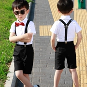 Chàng trai mùa hè ăn mặc trẻ em màu đen yếm có dây đeo ngắn tay áo sơ mi trắng hai mảnh tinh khiết bông trẻ em áo cưới