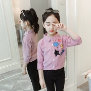 Áo sơ mi bé gái xuân hè 2019 mới cho bé phiên bản Hàn Quốc của áo sơ mi nữ sọc cotton cotton dài tay - Áo sơ mi