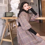 Hàn quốc phiên bản của eo giảm béo platy dress retro Pháp tính len kẻ sọc cao cổ áo dài tay đầm nữ mùa thu và mùa đông