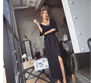Xuân 2019 phiên bản Hàn Quốc mới của Modal đen trước ngã ba thẳng thắt lưng Đầm cổ chữ V - Váy dài