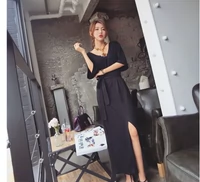 Xuân 2019 phiên bản Hàn Quốc mới của Modal đen trước ngã ba thẳng thắt lưng Đầm cổ chữ V - Váy dài váy len dài