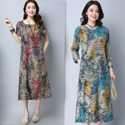 2018 mùa xuân và mùa hè Trung Quốc phong cách XL chất béo mm cotton và linen dress nữ retro in ấn linen lỏng váy dài mùa thu