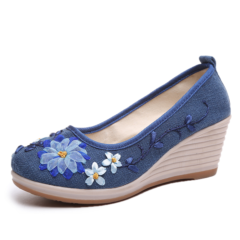 BlueChinese style flax Cloth shoes high-heeled Embroidered shoes female The old Beijing cloth shoes Slope heel Flat bottom Shallow mouth Trochanter ventilation Single shoes
