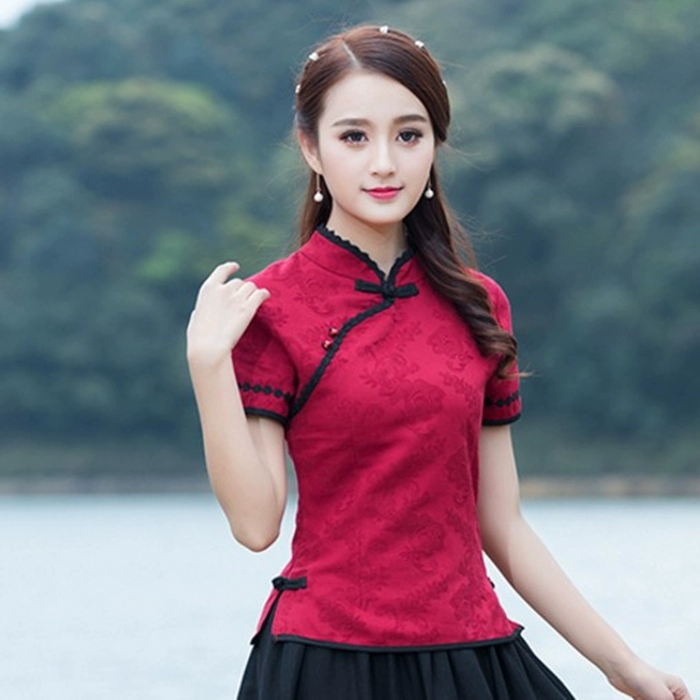 Mùa hè năm 2021 phụ nữ Trung Quốc mới phục vụ trà phong cách dân tộc cổ điển cổ áo dựng đứng jacquard cotton và vải lanh áo sơ mi ngắn tay - Áo sơ mi