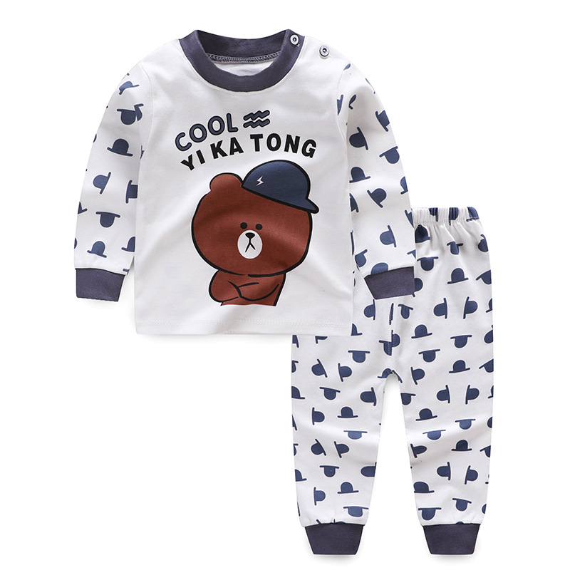 A002 Blue Hat Bearchildren Autumn clothes suit pure cotton Spring and Autumn Children's wear men and women baby Children Autumn clothes Autumn trousers baby pajamas leisure wear