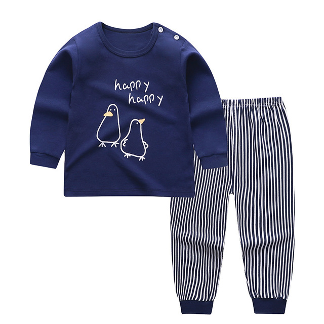 A073 Blue Penguinchildren Autumn clothes suit pure cotton Spring and Autumn Children's wear men and women baby Children Autumn clothes Autumn trousers baby pajamas leisure wear