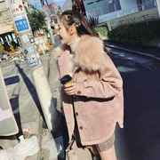 Li Yuwei mùa đông Hàn Quốc phiên bản loose loose tóc lót da lộn màu hồng bông coat cổ áo lông thú lớn dài tay áo khoác